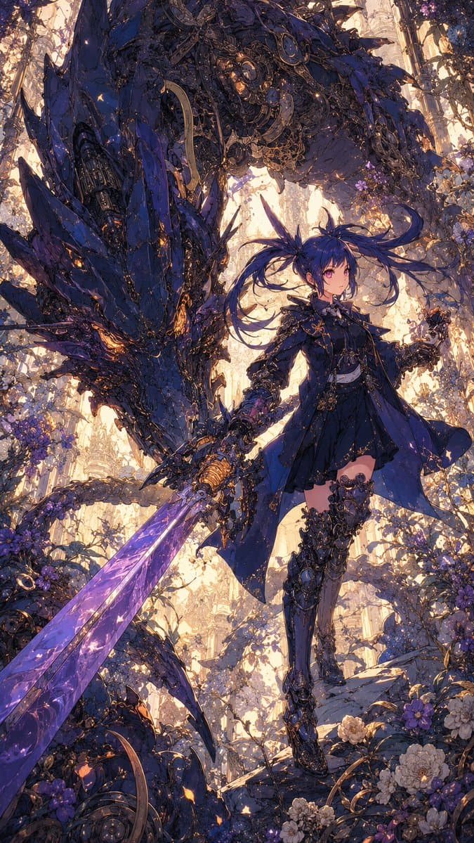 Indigo Dragon Swordswoman - AI image template preview