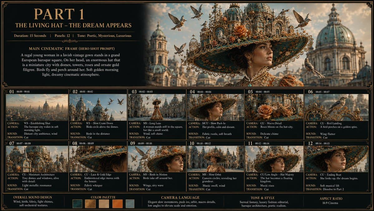 Living Hat Cinematic Storyboard - AI image template preview