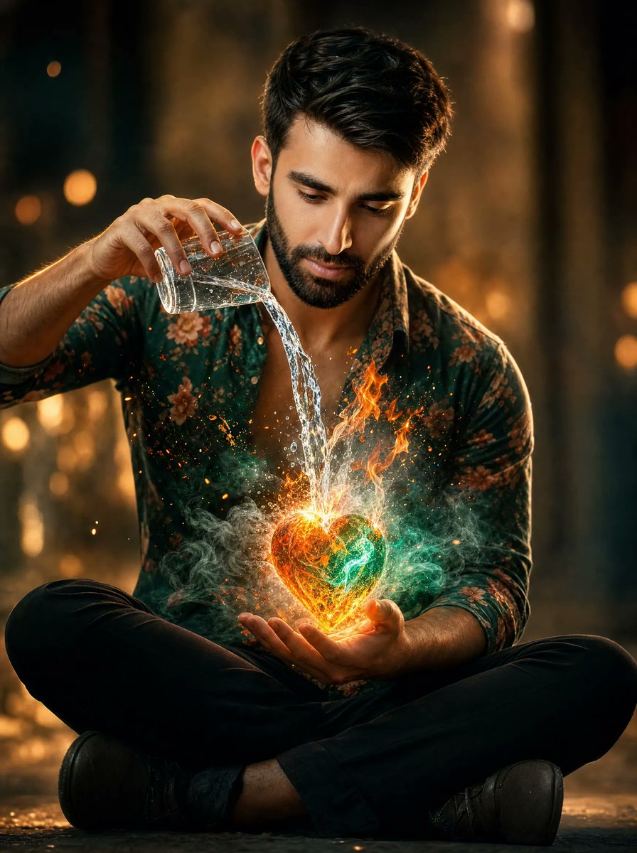 Man Pouring Water on Magic Heart - AI image template preview