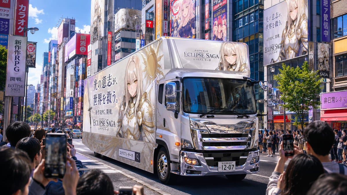 Fantasy RPG Ad Truck in Tokyo District - AI image template preview