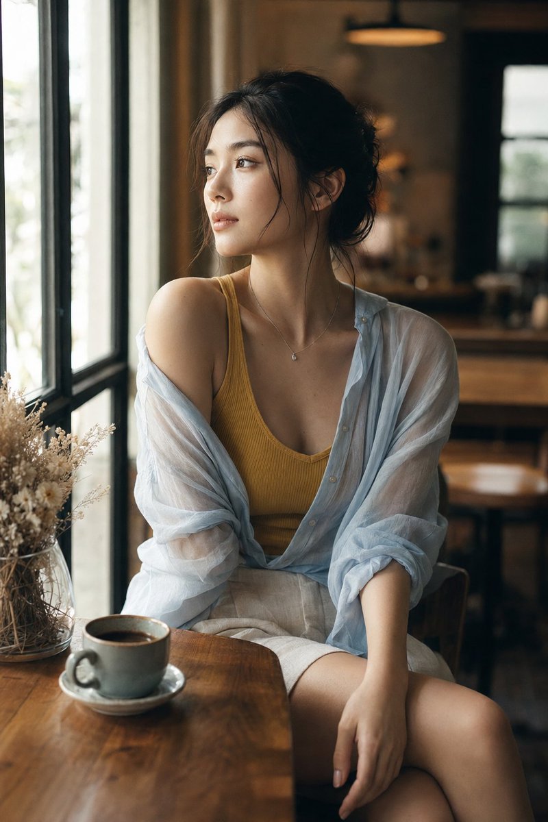 Realistic Window Café Fashion Portrait - AI image template preview