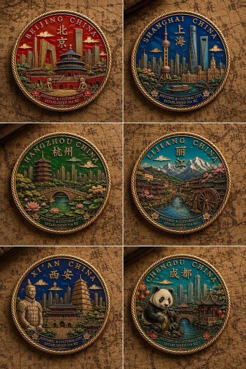 Six Chinese City Enamel Medals - AI image template preview