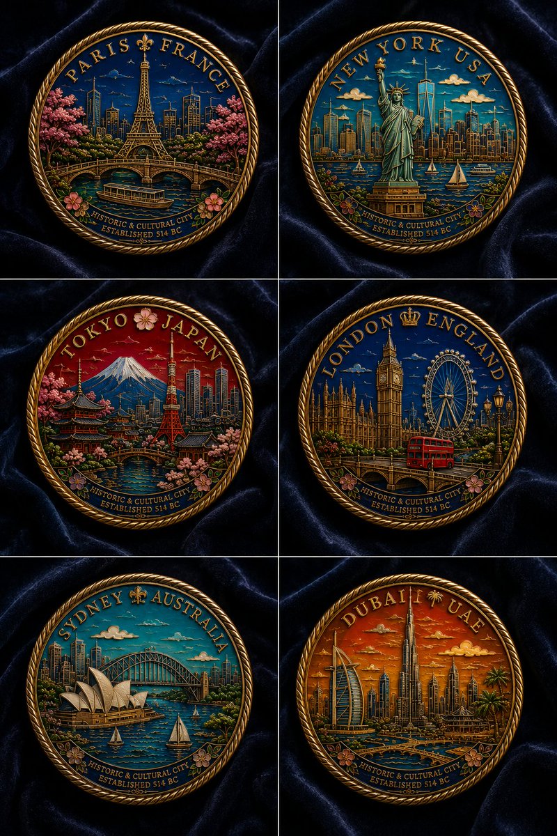 Six Cloisonné City Medals - AI image template preview