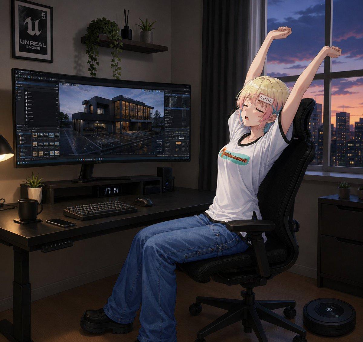 Anime Developer Room Stretching Pose - AI image template preview