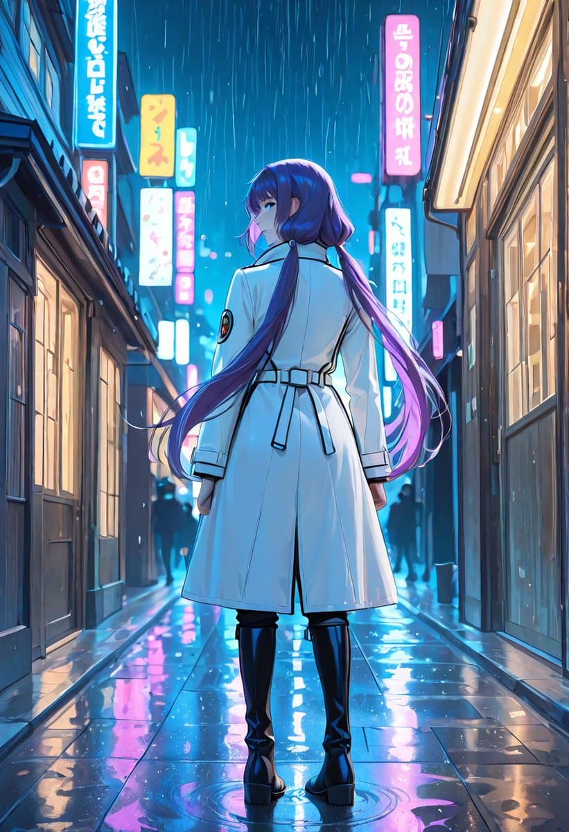 Rainy Neon Anime Alley Woman - AI image template preview