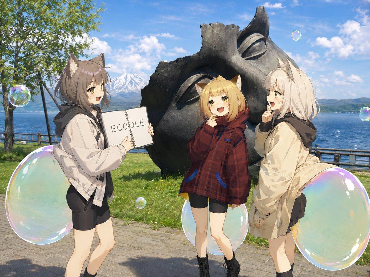 Anime Catgirls at Lakeside Statue - AI image template preview