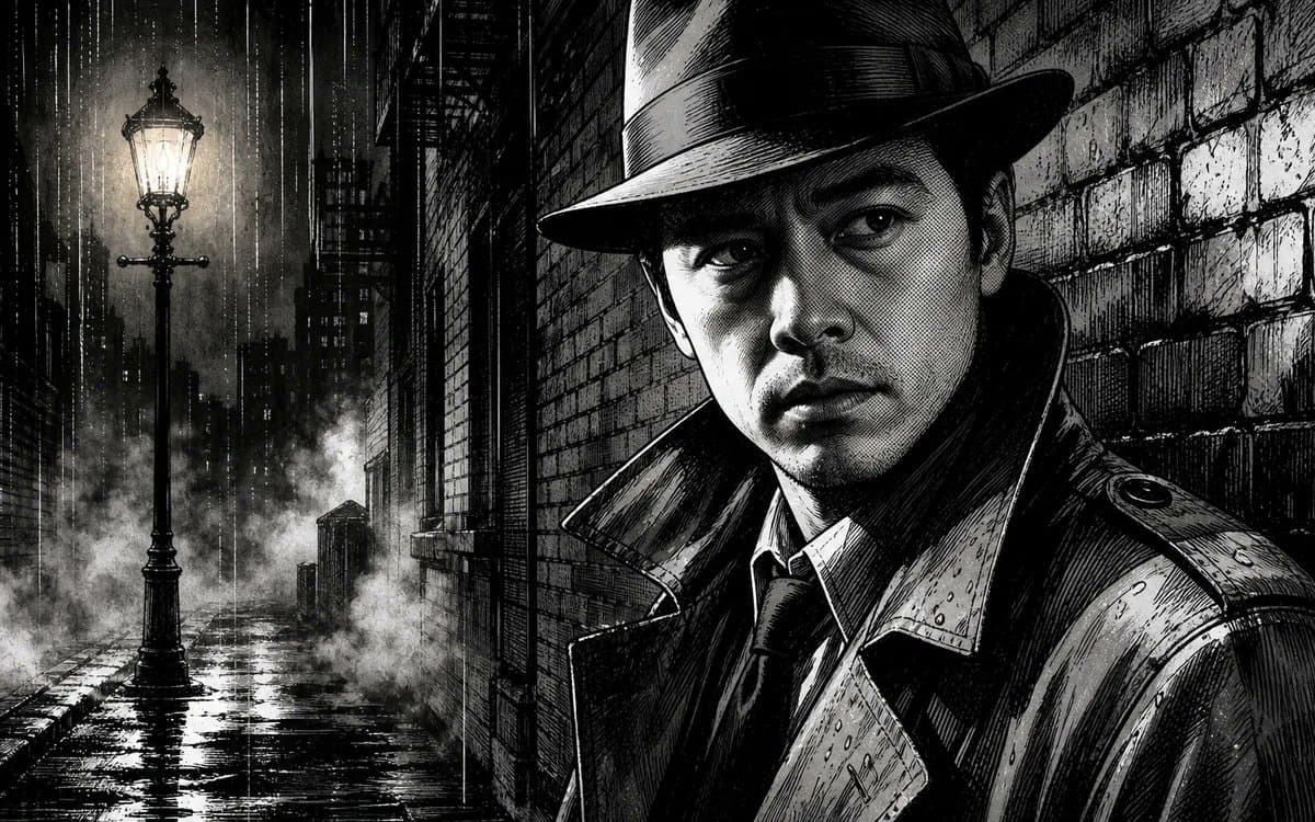 Noir Detective Rainy Alley Portrait - AI image template preview