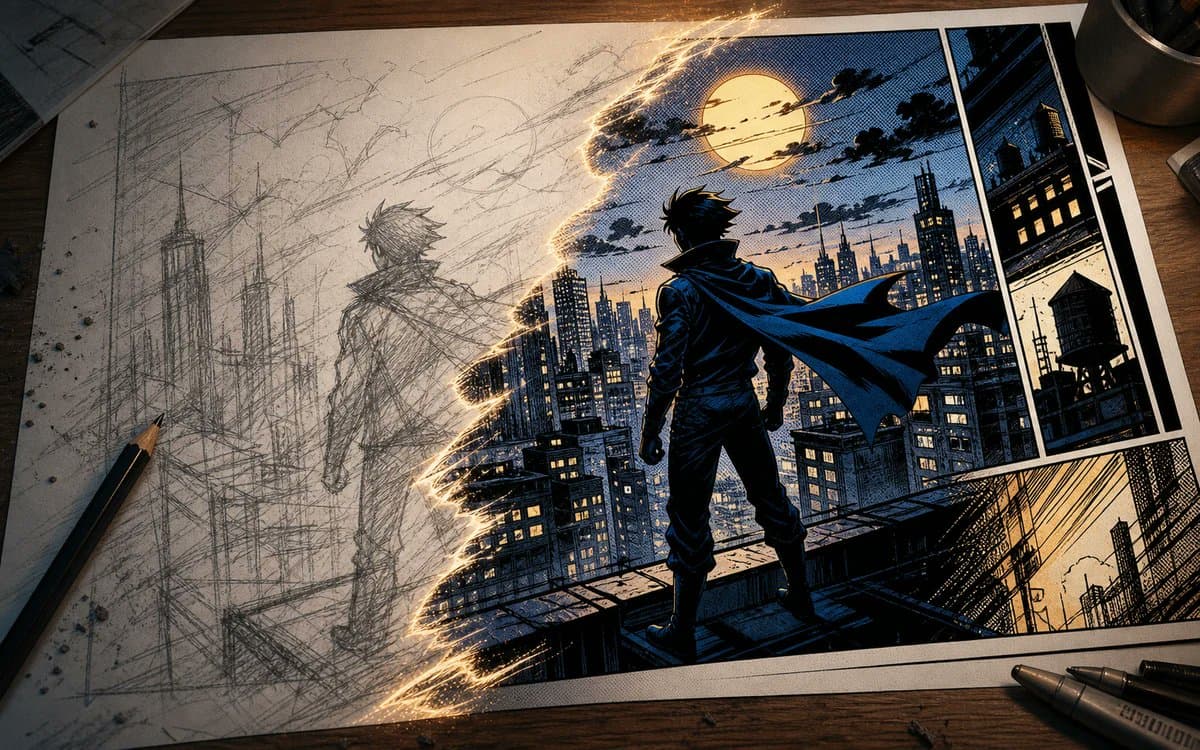 Comic Sketch to Finished Hero Page - AI image template preview
