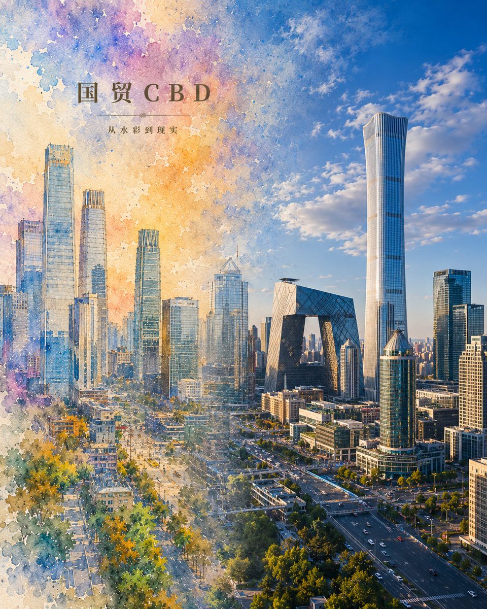 Watercolor to Reality Beijing CBD Poster - AI image template preview
