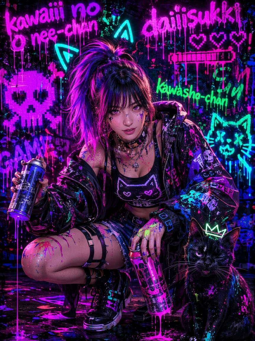 Neon Punk Graffiti Girl and Cat - AI image template preview
