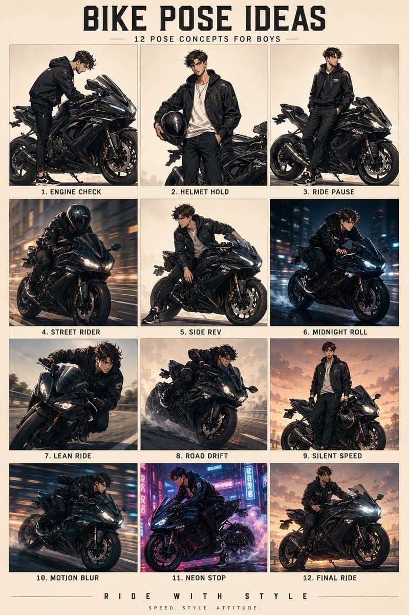 Anime Character Motorbike Pose Sheet - AI image template preview