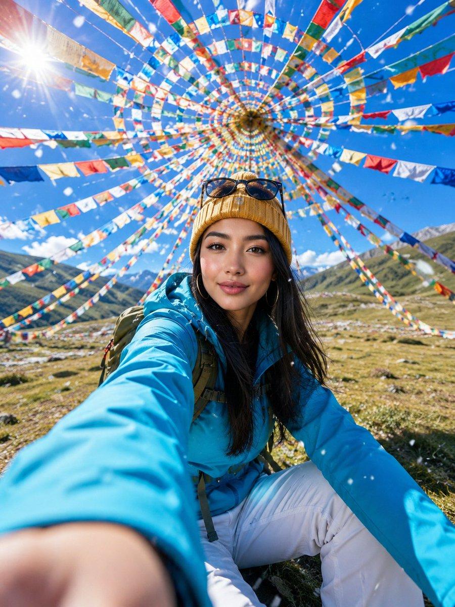 Alpine Meadow Travel Selfie Portrait - AI image template preview