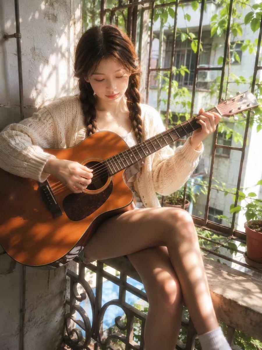 Dreamy Balcony Guitar Portrait - AI image template preview