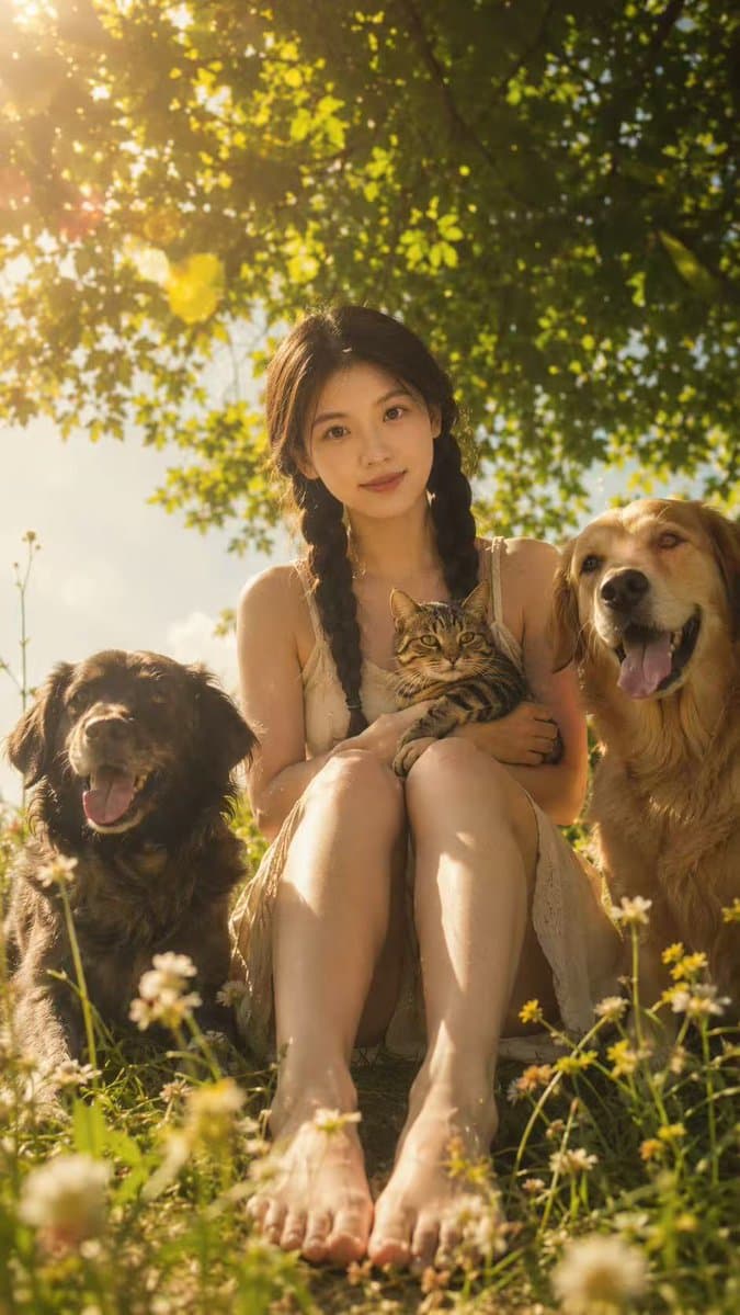 Golden Meadow Portrait with Pets - AI image template preview