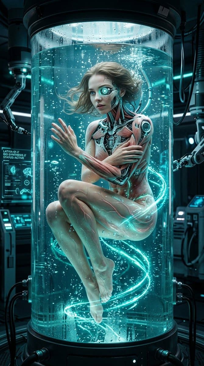 Cybernetic Woman in Cryo Tank - AI image template preview