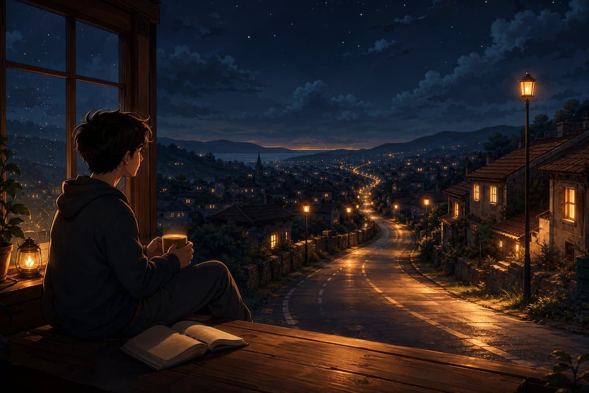 Anime Boy at Night Window - AI image template preview