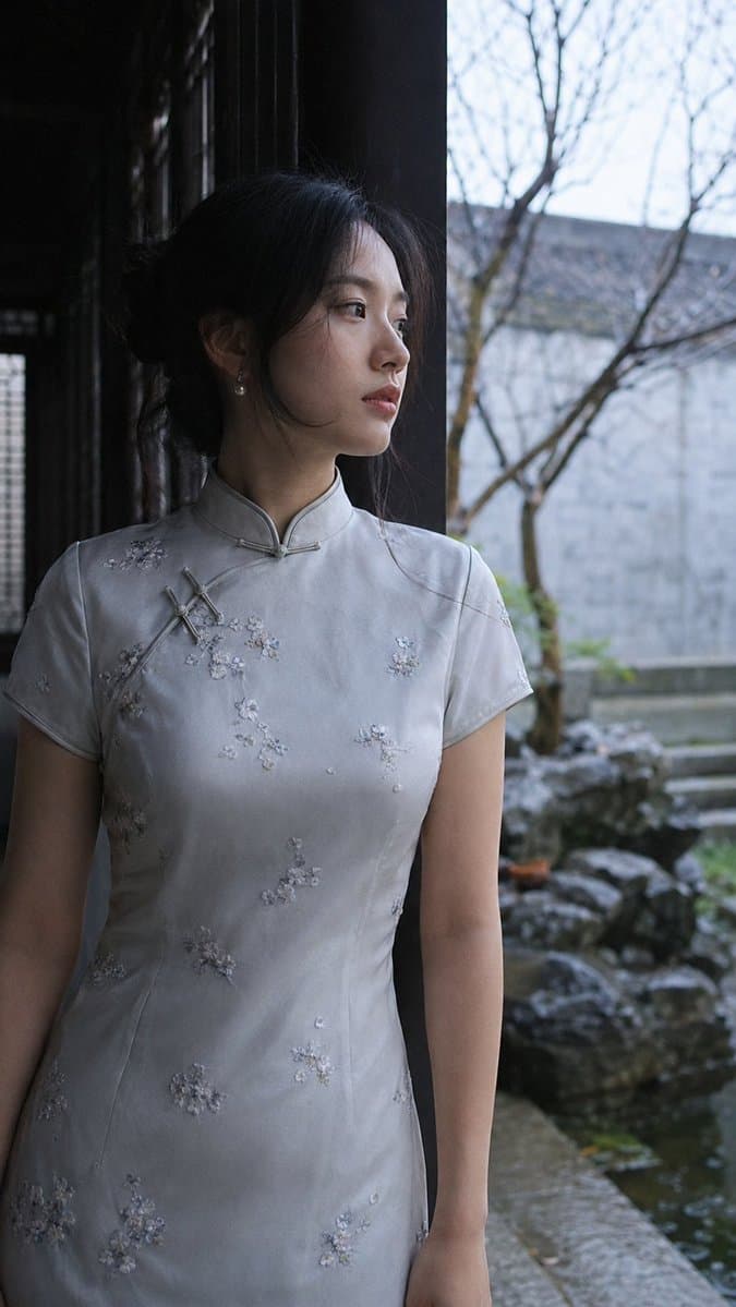 East Asian Woman in Silk Qipao Corridor Portrait - AI image template preview