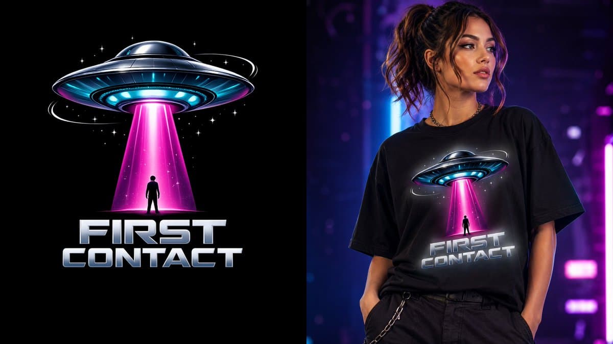 First Contact Sci-Fi T-Shirt Design - AI image template preview
