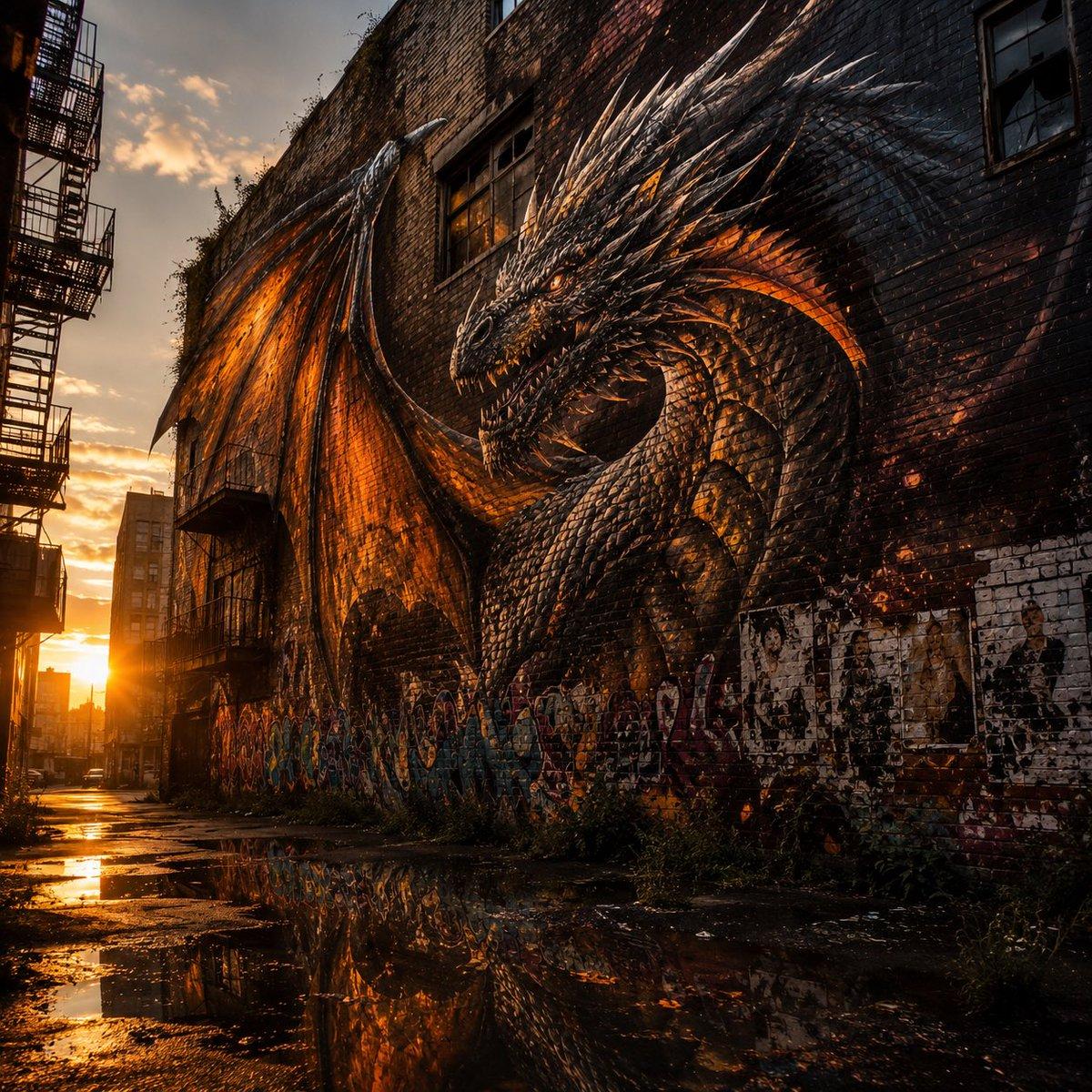 Living Dragon Mural in Sunset Alley - AI image template preview