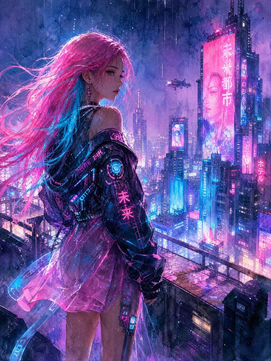 Watercolor Cyberpunk Rooftop Girl - AI image template preview