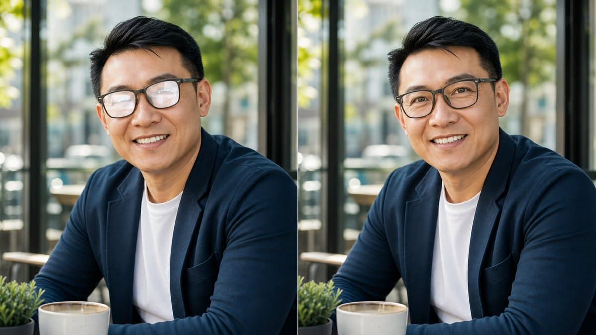 Cafe Portrait Glare Removal Comparison - AI image template preview