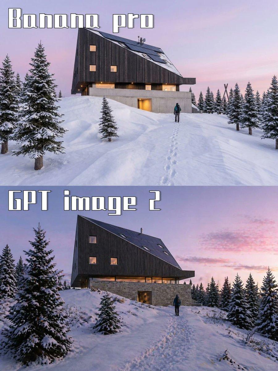 Two-Panel Snow Cabin Model Comparison - AI image template preview