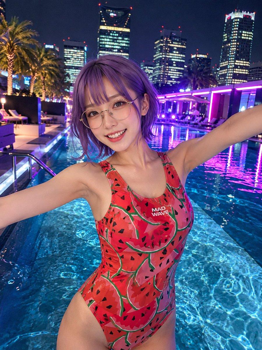 Rooftop Pool Night Swimsuit Photo - AI image template preview