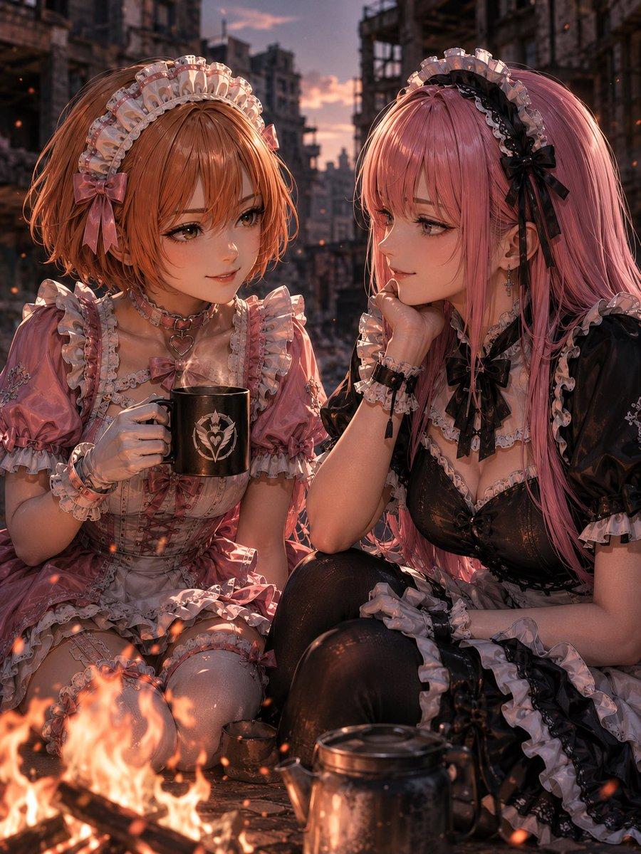 Sunset Maids by a Campfire - AI image template preview
