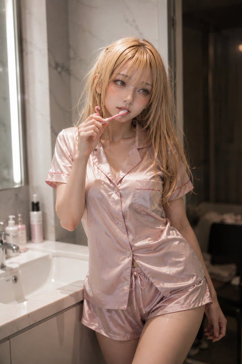 Blonde Woman in Pink Satin Pajamas - AI image template preview