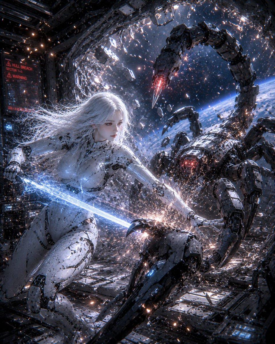 Female Android vs Robotic Scorpion - AI image template preview