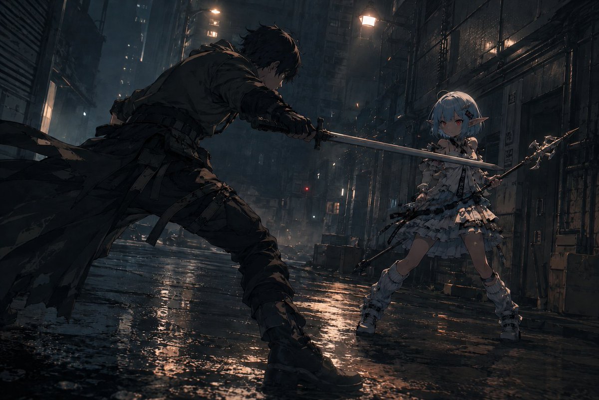 Rainy Cyberpunk Alley Sword Duel - AI image template preview