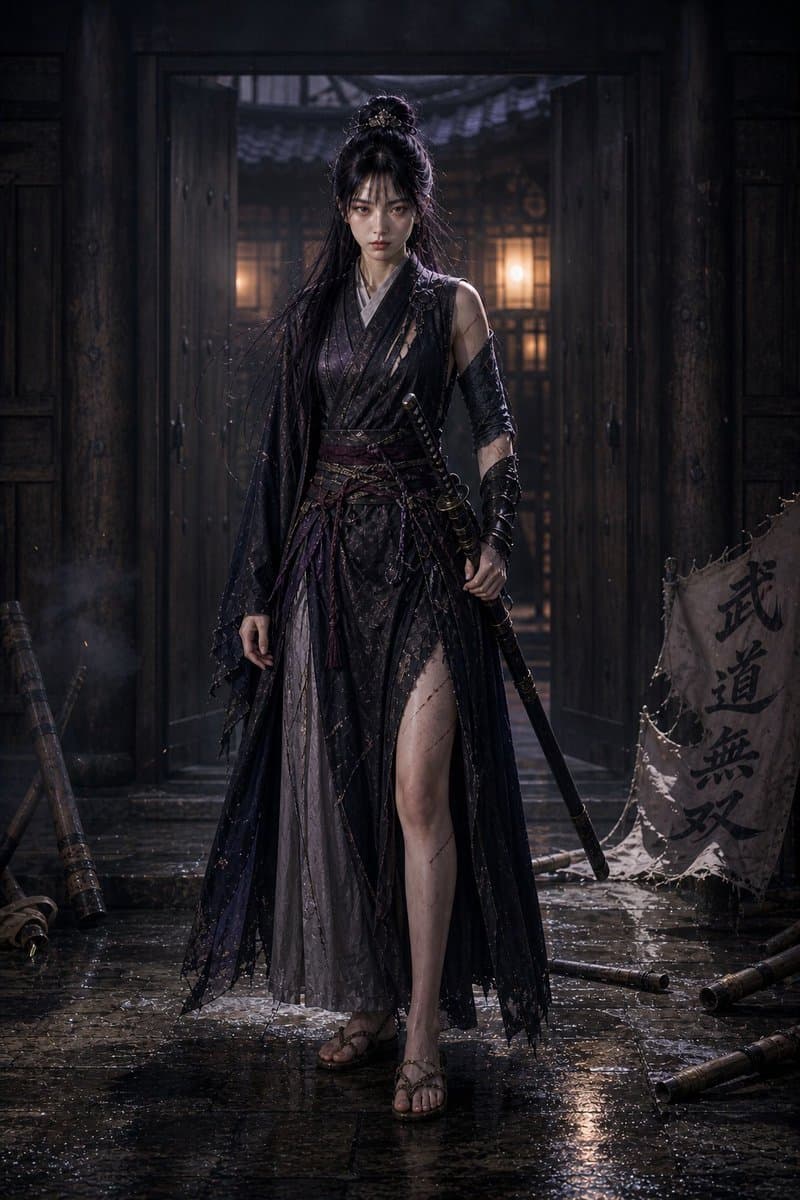 Rainy Dark Fantasy Swordswoman - AI image template preview