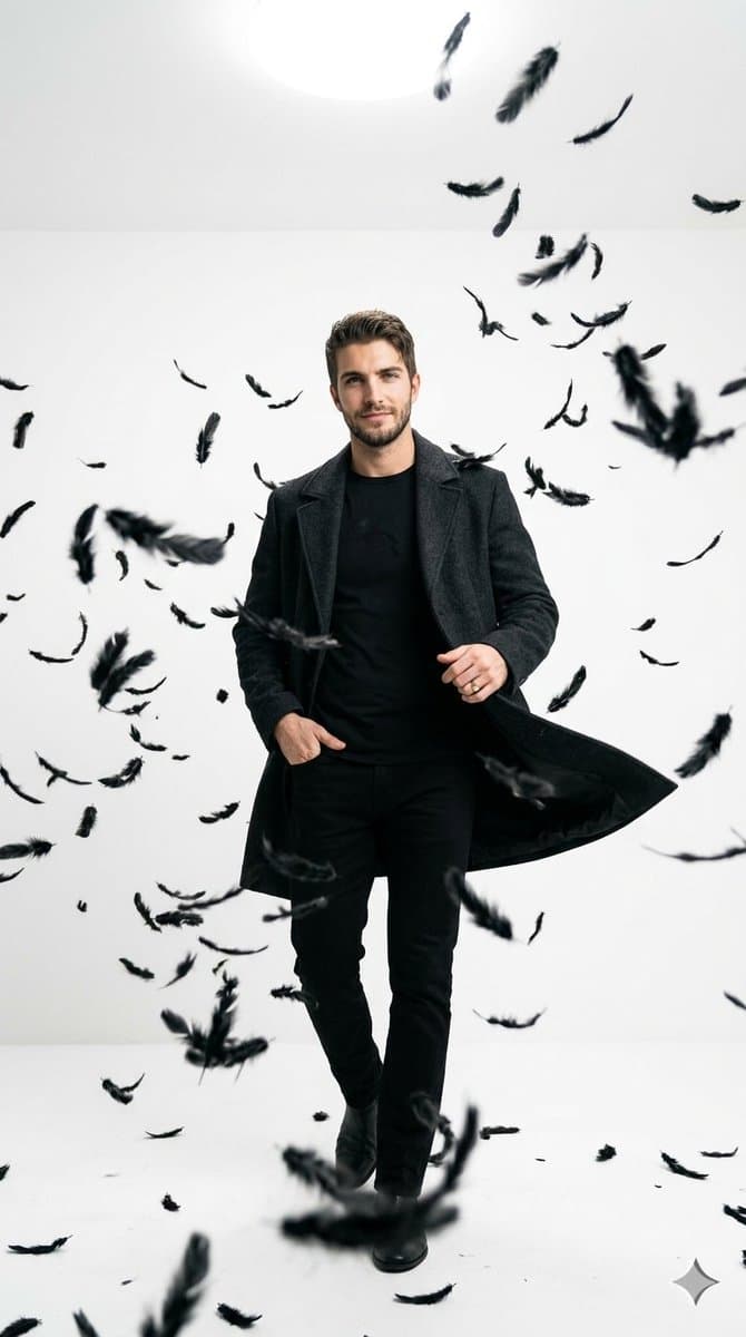 Cinematic Studio Portrait with Floating Feathers - AI image template preview