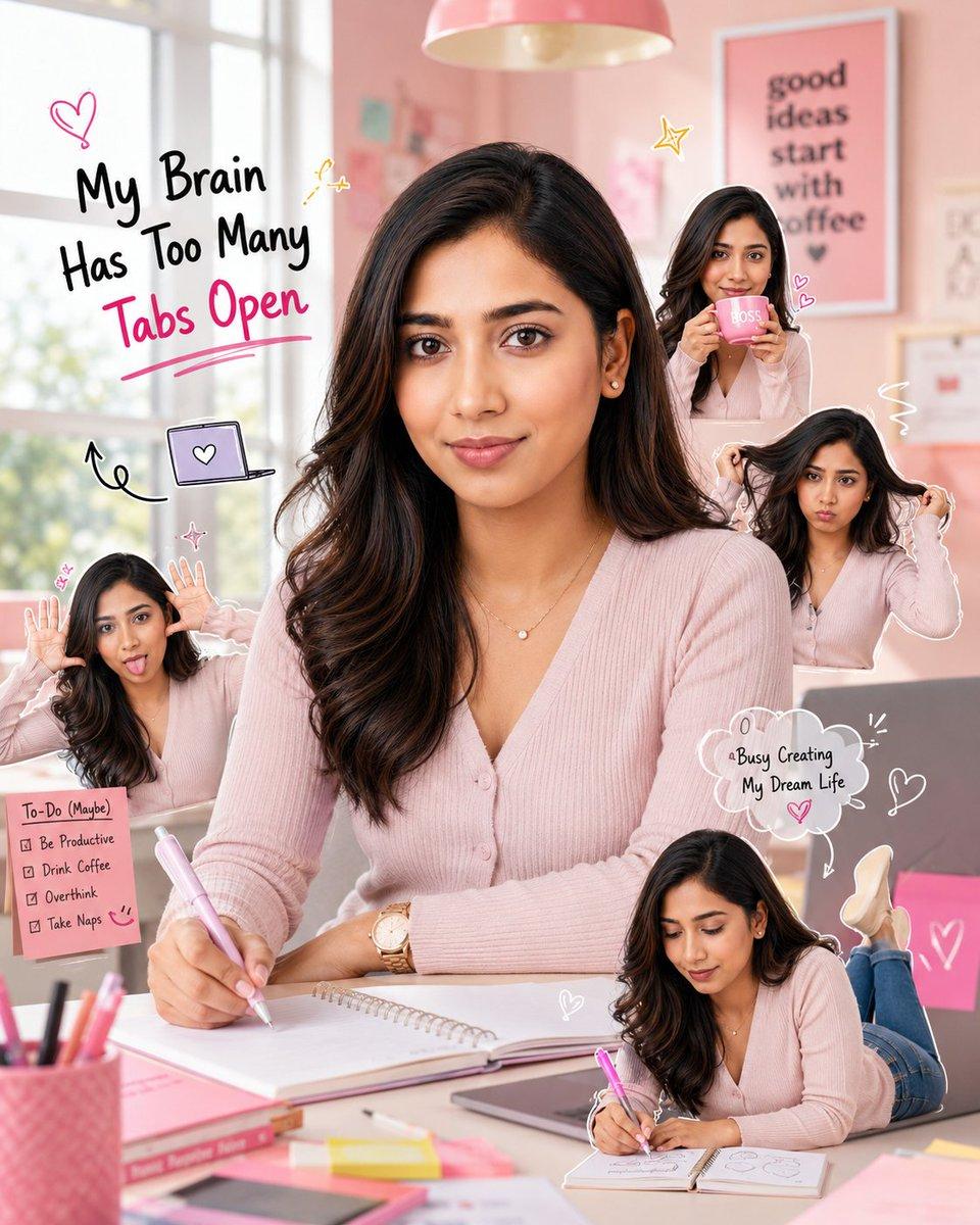 Creative Pink Office Portrait with Chibi Characters - AI image template preview