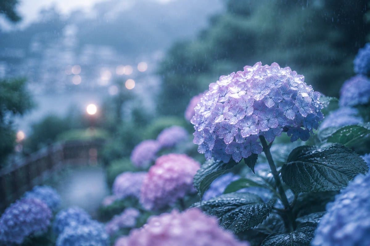Rainy Kamakura Hydrangea Garden - AI image template preview
