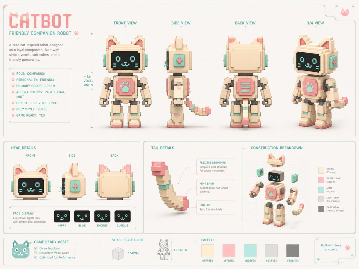 Voxel Cat Robot Concept Sheet - AI image template preview