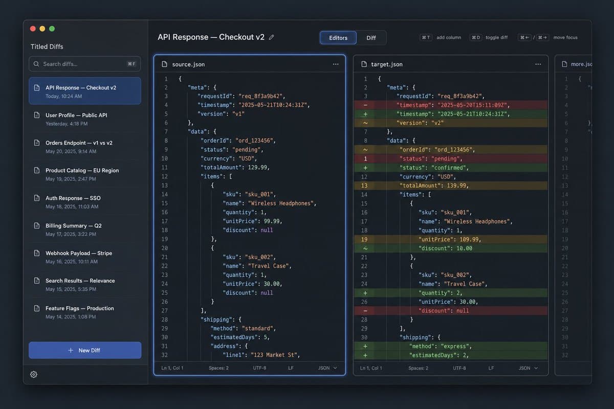 Dark JSON Diff Tool UI Mockup - AI image template preview