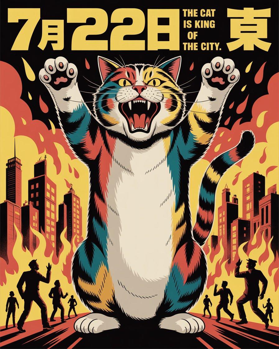 Retro Kaiju Cat City Poster - AI image template preview