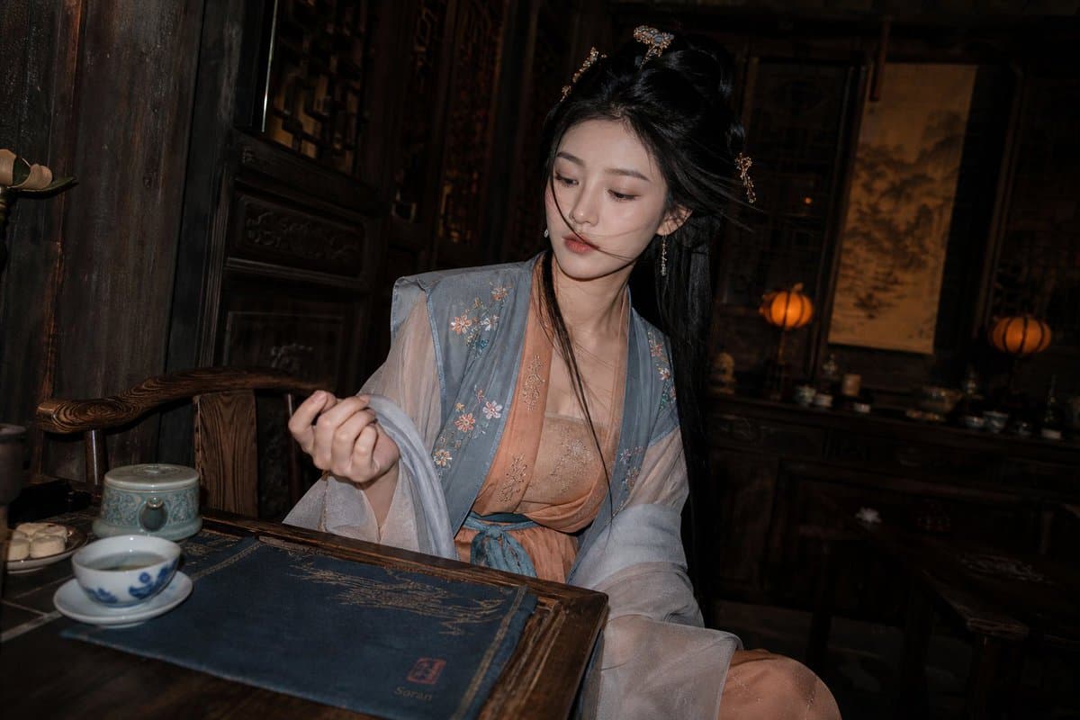 Cinematic Hanfu Tea Room Portrait - AI image template preview
