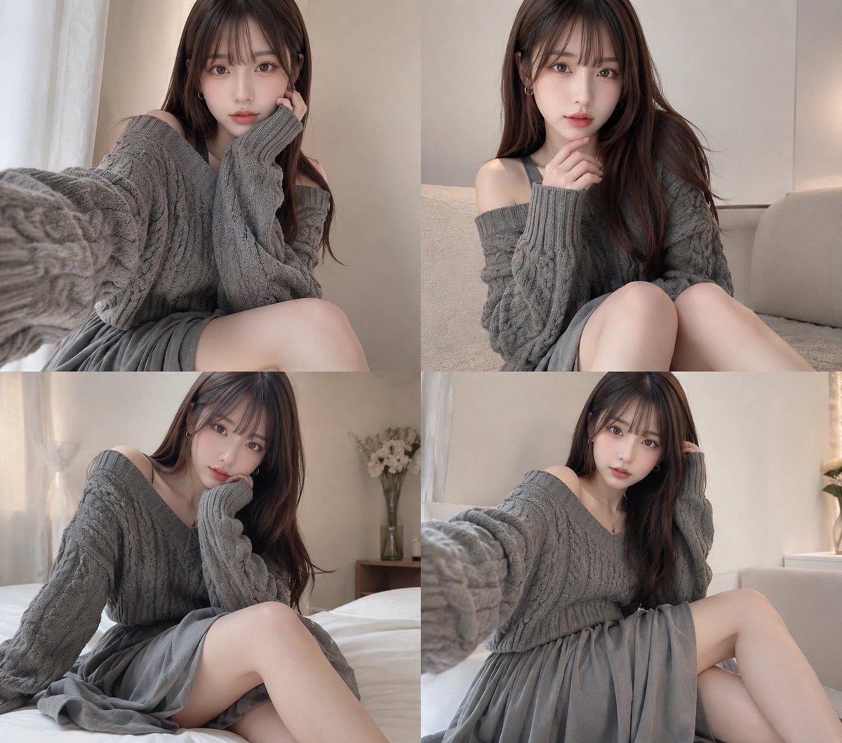 Four-Panel Cozy Gray Sweater Selfie Collage - AI image template preview
