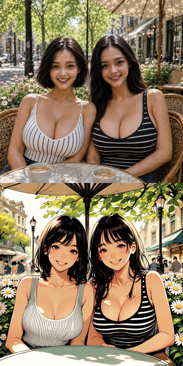 Twin Sisters Café Photo to Anime Comparison - AI image template preview