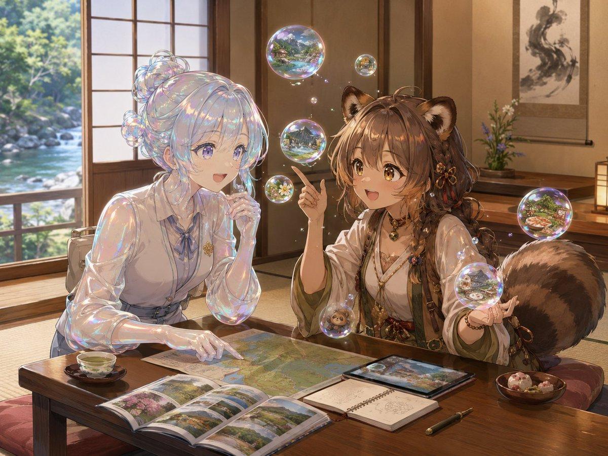 Bubble Tanuki Travel Planning - AI image template preview