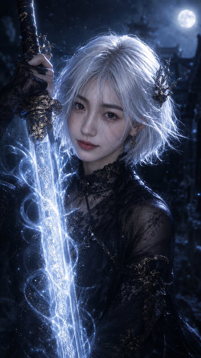 Moonlit Dark Fantasy Sword Maiden - AI image template preview