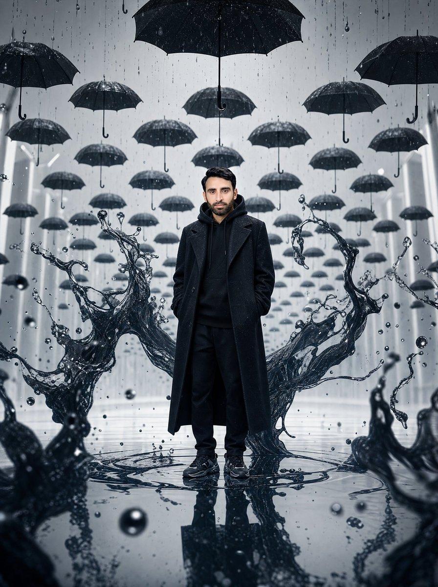 Surreal Man in Black Rain Room - AI image template preview