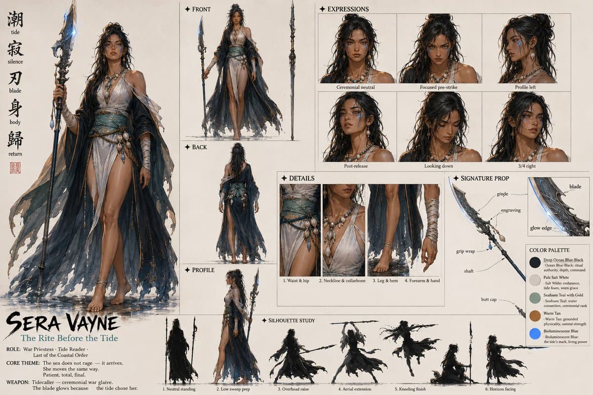 Fantasy Tide Priestess Character Sheet - AI image template preview