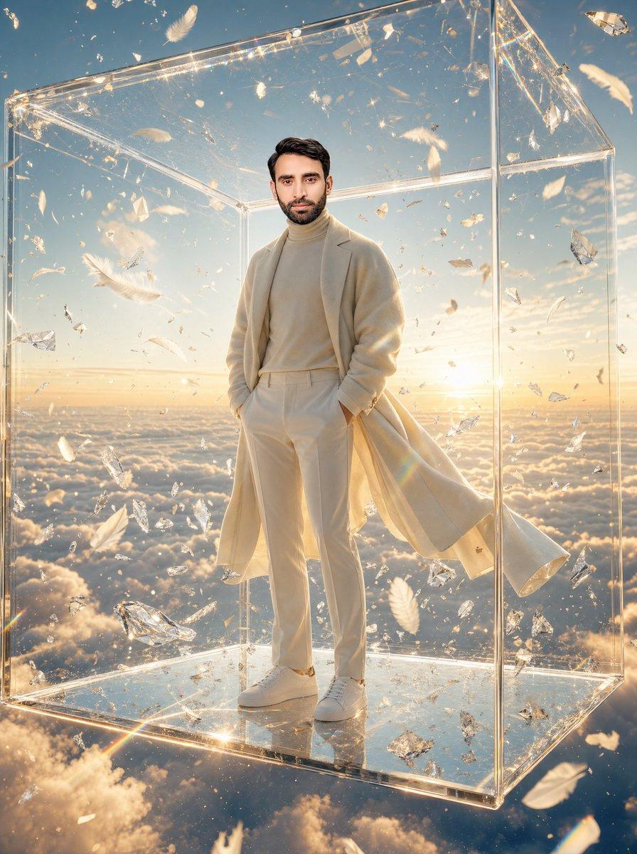 Man in Glass Cube Above Clouds - AI image template preview