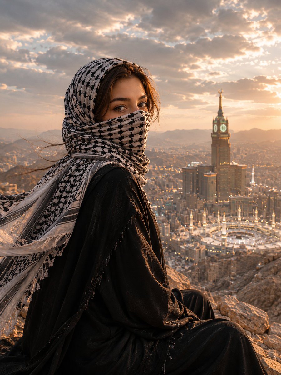 Muslim Woman Overlooking Mecca - AI image template preview