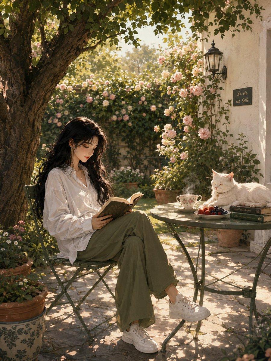 Serene Sunlit Garden Reading Scene - AI image template preview