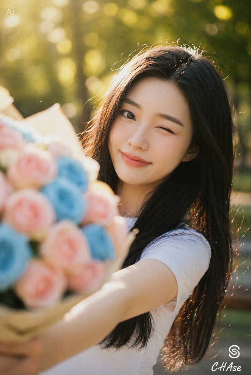 Joyful Winking Woman with Flower Bouquet preview