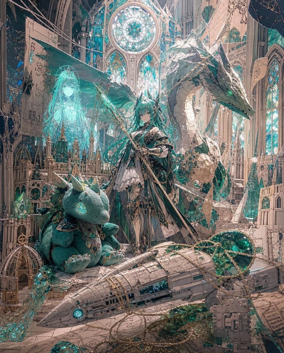 Teal Dragon Knight Cathedral Fantasy - AI image template preview